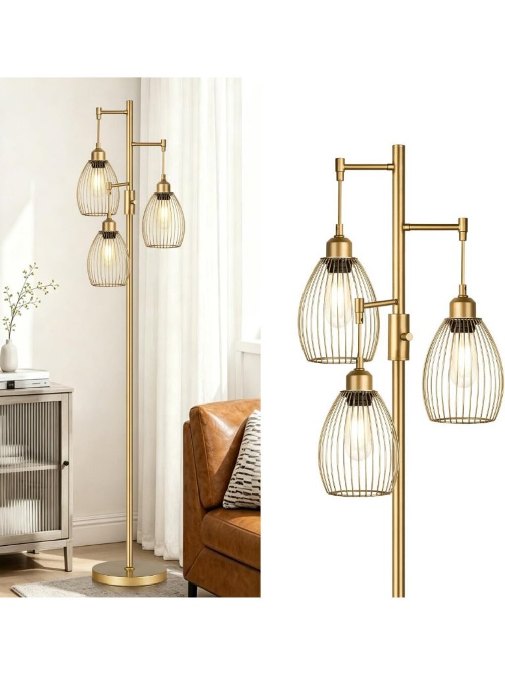 Dimmable Industrial Floor Lamp with Elegant Teardrop Cage, 800 Lumens, Tall